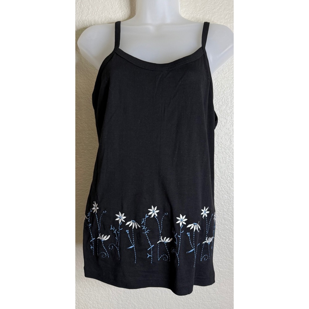 Concepts by Caver Womens 2X Tank Top Black Floral Embroidered Cotton Camisole